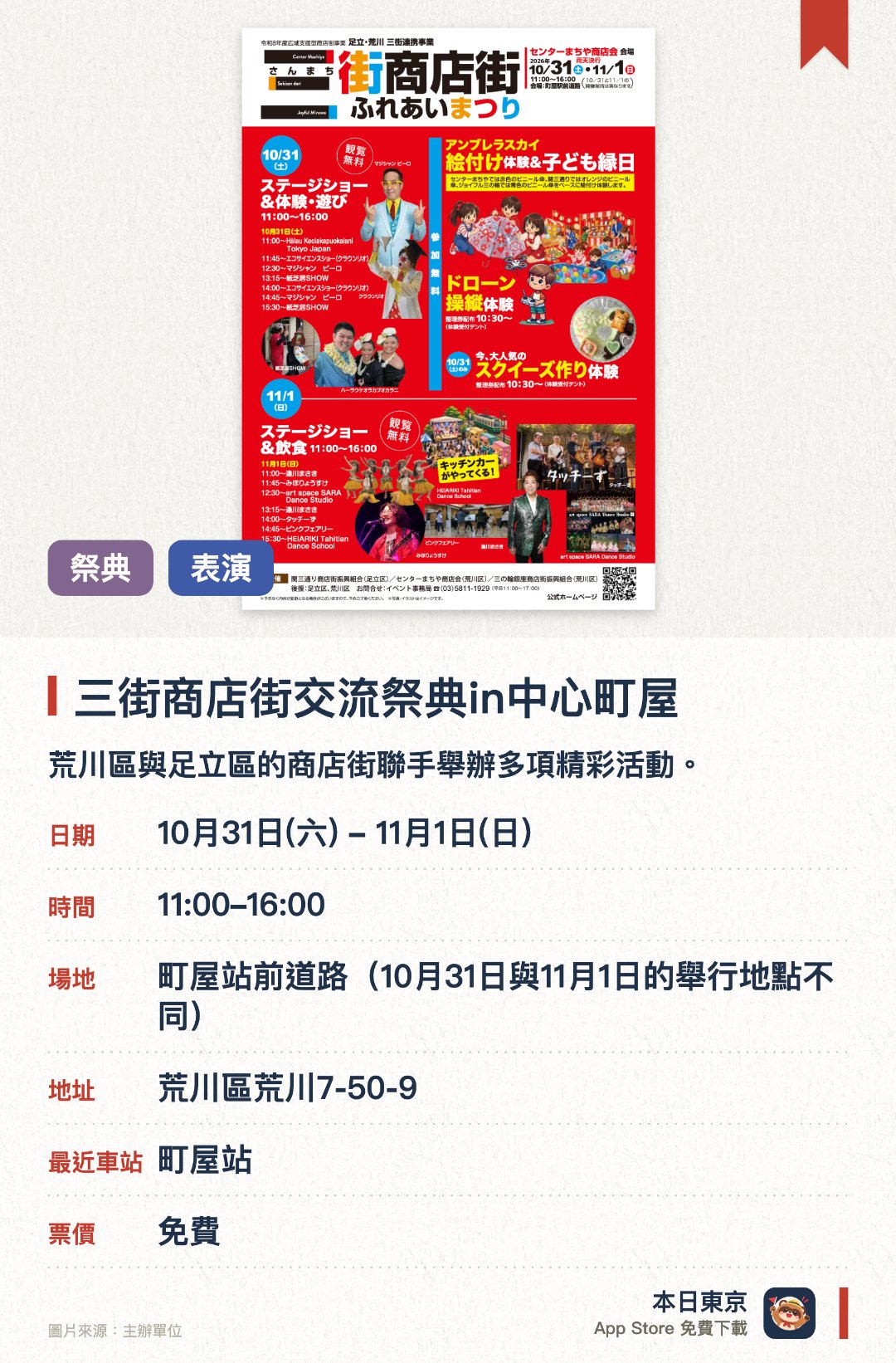 三街商店街交流祭典in中心町屋。指定日子 · 下一場 10月31日 · 町屋站前道路（10月31日與11月1日的舉行地點不同）。荒川區與足立區的商店街聯手舉辦多項精彩活動。提供雨傘彩繪、紓壓玩具製作、無人機操作等體驗。設有歌舞表演、魔術、草裙舞及集章漫遊活動