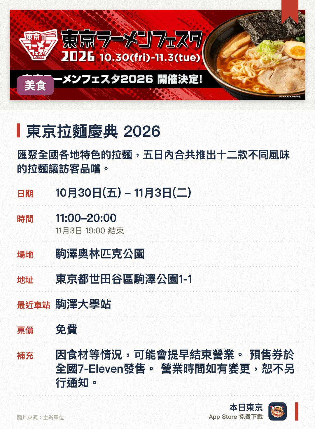 東京拉麵慶典 2026。指定日子 · 下一場 10月30日 · 駒澤奧林匹克公園。匯聚全國各地特色的拉麵，五日內合共推出十二款不同風味的拉麵讓訪客品嚐。。透過拉麵這種普及的美食，全面推廣日本的地區旅遊與飲食文化。