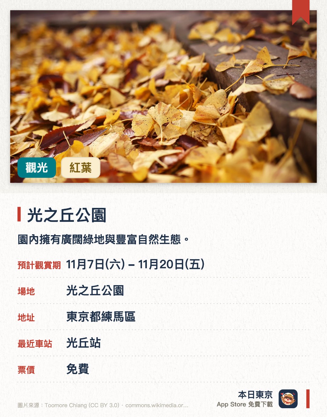光之丘公園。11月8日–11月20日 · 光之丘公園。園內擁有廣闊綠地與豐富自然生態，秋季時分搖身一變成為賞紅葉與黃葉的好去處。由二十八棵同規格銀杏樹組成的二百公尺林蔭大道，在秋天會形成金黃色的耀眼隧道